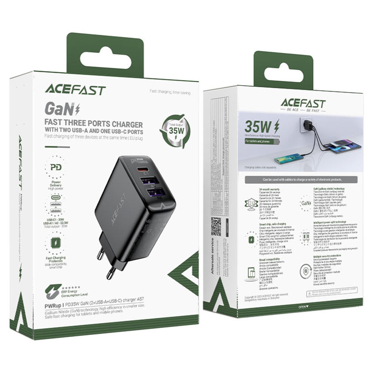 Travel Charger Acefast A57 Fast Charging με 1xUSB-C + 2xUSB-A PD35W GaN Black - Image 2