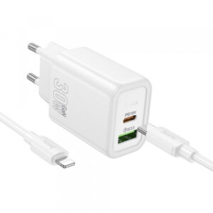 Wall Charger Hoco N63, 30W, 3A, 1 x USB-A - 1 x USB-C, with Lightning Cable, White