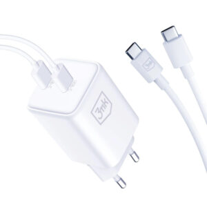 Wall Charger 3MK HyperCharger, 45W, 3A, 2 x USB-C, with USB-C Cable, White