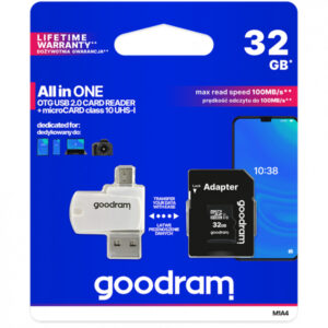 microSDHC Memory Card GoodRam with Card Reader and Adapter, 32Gb, Class 10 / UHS-1 U1 M1A4-0320R12