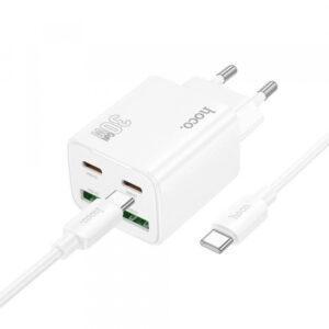 Wall Charger Hoco N56, 30W, 3A,  2 x USB-A - 2 x USB-C, with USB-C Cable, White