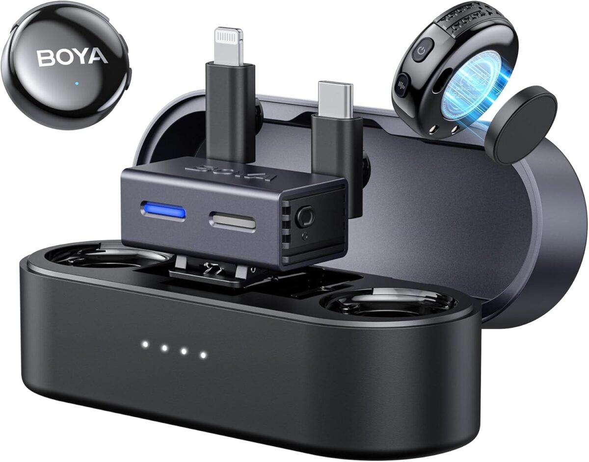 BOYALINK 3 - Type-C, Lightning & 3.5mm AI-Powered Button Wireless Microphone 2 TX + 1 RX + cha. Case