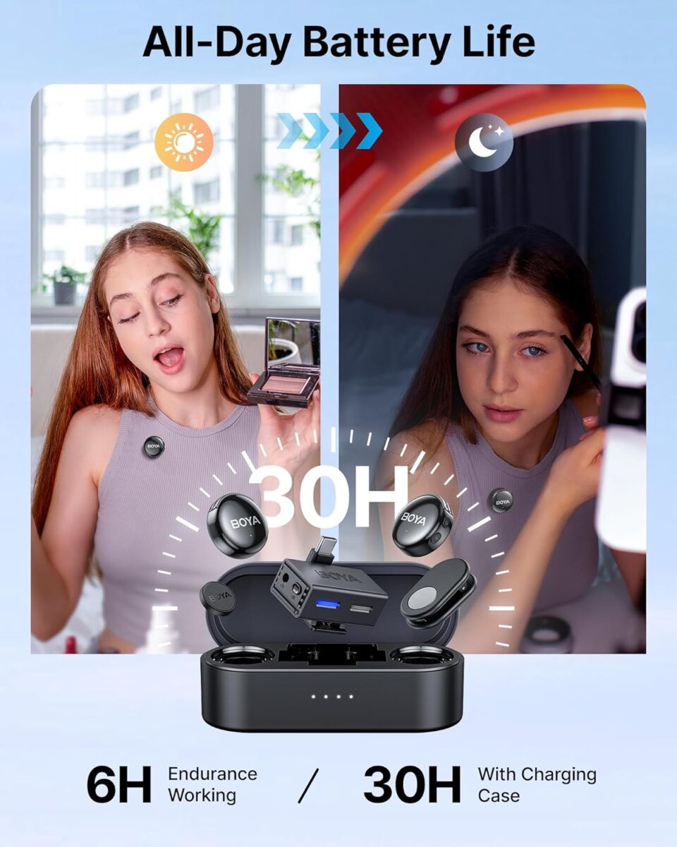 BOYALINK 3 - Type-C, Lightning & 3.5mm AI-Powered Button Wireless Microphone 2 TX + 1 RX + cha. Case - Image 7