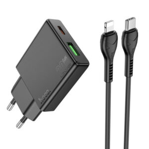 Wall Charger Hoco N38, 20W, 3A, 1 x USB-A - 1 x USB-C, with Lightning Cable, Black